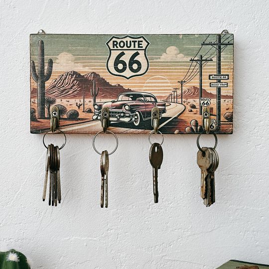 Rustic Route 66 Wooden Wall Key Holder, Retro Home Decor