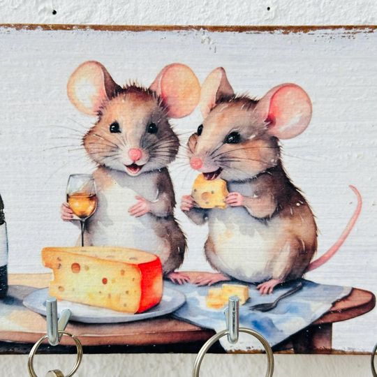 Rustic Mice & Cheese Wooden Key Holder - Whimsical Kitchen Decor