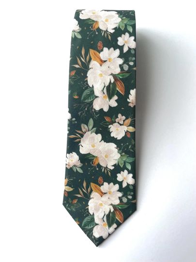 Emerald green floral neck tie, floral green wedding long tie for men and boys