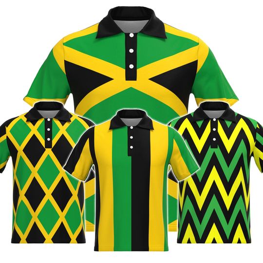 Jamaica Flag Inspired The Cross Black Green Gold Yellow Color, Jamaican Short Sleeve Collar Collared Polo Tee
