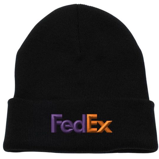 Custom Embroidered FedEx Beanie Hat - Purple and Orange Knit Cuffed Cap for Winter
