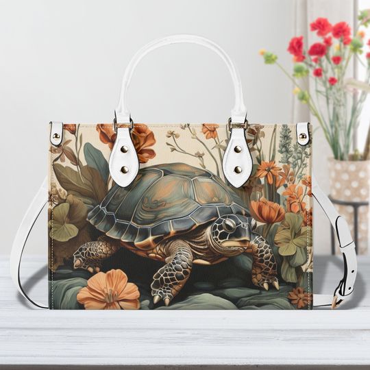 Turtle Purse Handbag, Vegan Leather Bag, Forest Tortoise Shoulder Bag