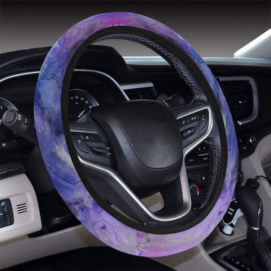 Purple Artistic Ink Car Steering Wheel Cover With Elastic Blue Watercolor