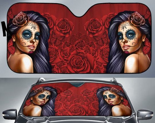 Calavera Girl Red Auto Sun Shade, Green Car Sun Shade