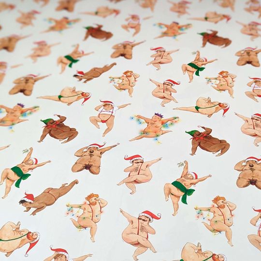 Christmas wrapping paper, funny men dancing holiday gift wrap