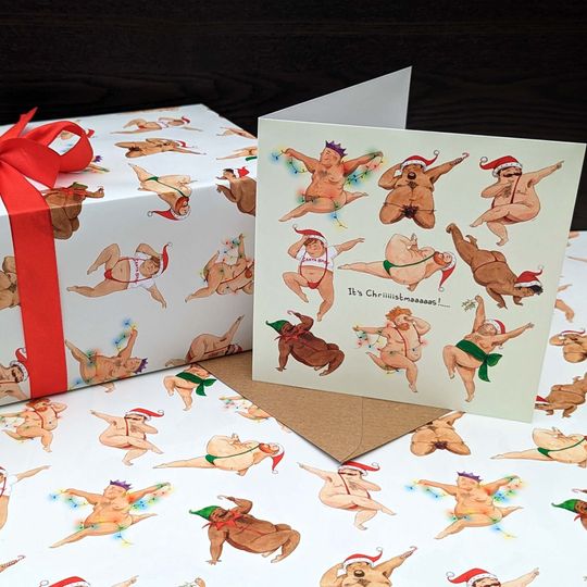 Christmas wrapping paper, funny men dancing holiday gift wrap
