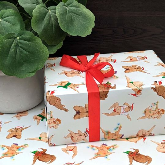 Christmas wrapping paper, funny men dancing holiday gift wrap