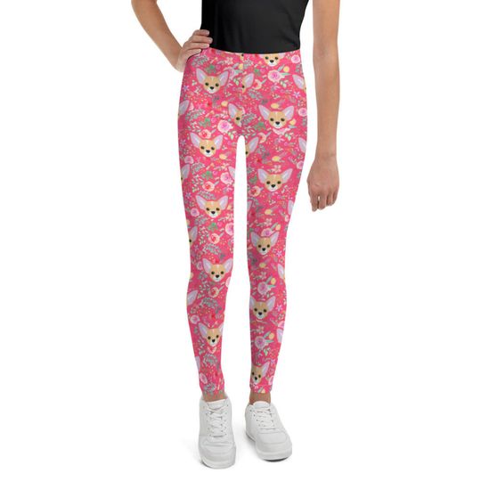 Chihuahua Dog Youth Leggings Pink Floral Print