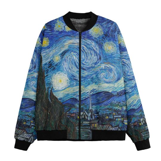 Starry Night Bomber Jacket: Van Gogh Fleece-Lined Recycled Polyester