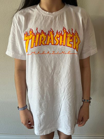 Vintage 2000s Thrasher Magazine Flames White T Shirt