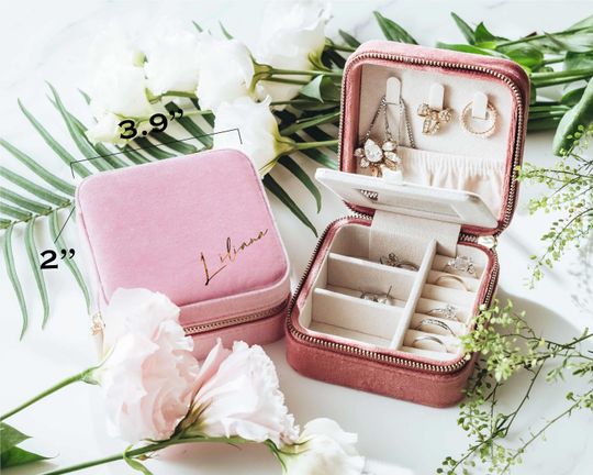Custom Velvet Jewelry Box, Gift for Her: Bridesmaid Proposal, Bridal Shower; Square, Travel Organizer