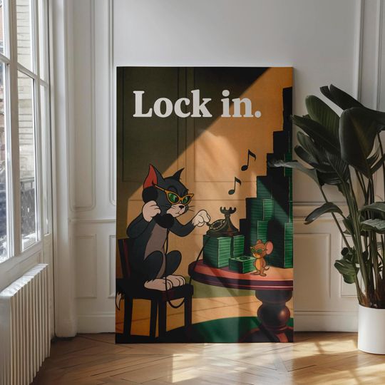 Lock In Wall Art, Motivational Money Poster, Inspired Funny Hustle Art, Vintage Cartoon Wall Home Office Decor