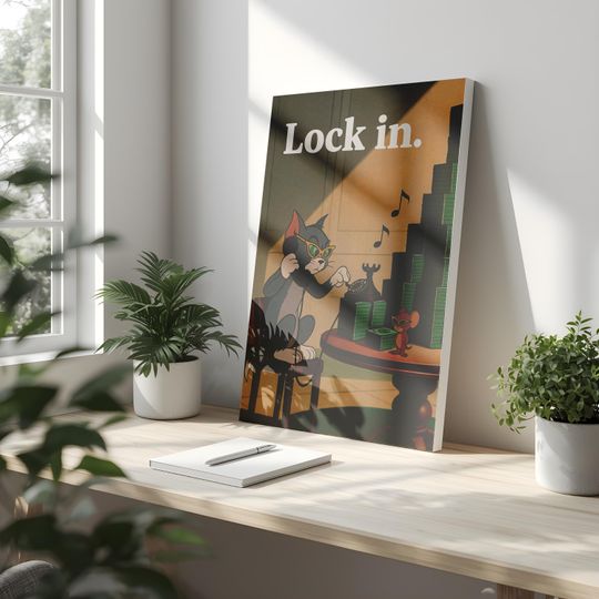 Lock In Wall Art, Motivational Money Poster, Inspired Funny Hustle Art, Vintage Cartoon Wall Home Office Decor