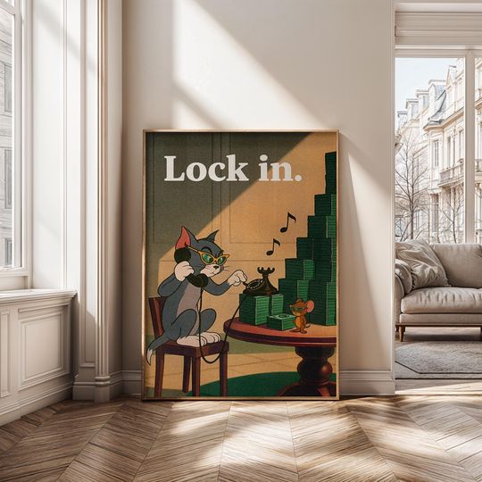 Lock In Wall Art, Motivational Money Poster, Inspired Funny Hustle Art, Vintage Cartoon Wall Home Office Decor