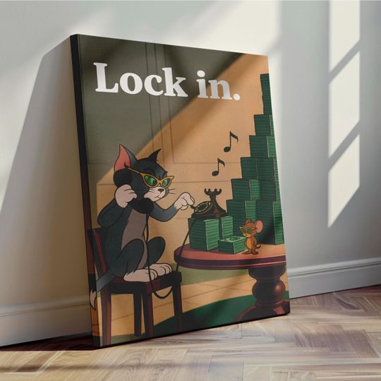 Lock In Wall Art, Motivational Money Poster, Inspired Funny Hustle Art, Vintage Cartoon Wall Home Office Decor