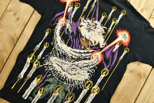 Vintage 1994 Liquid Blue All Over Wizard Graphic Print T-Shirt