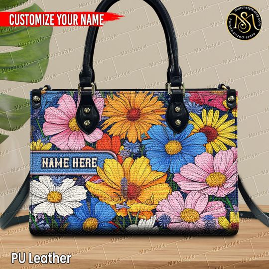 Marchstyle - Personalized Leather Handbags & Wallets With Colorful Wildflower Patterns, Custom Name Wildflower Lover Bag, Flower Birthday