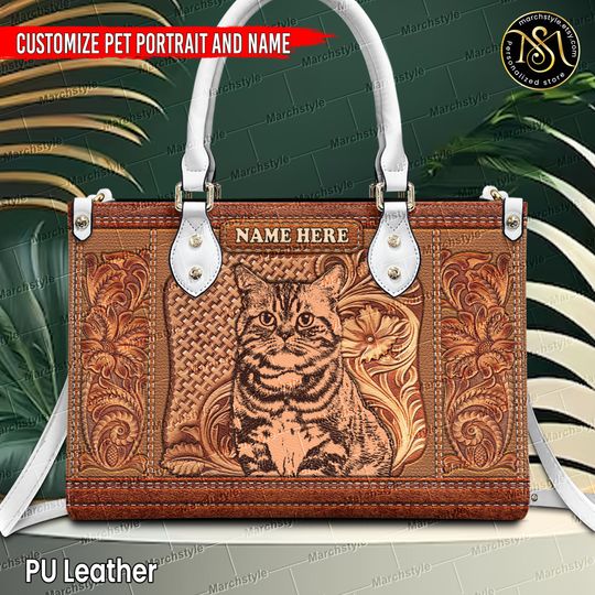 Marchstyle - Personalized Leather handbag With Pet Portrait 70s Wooden, Custom Vintage Bag with 70s style dog cat Wooden.