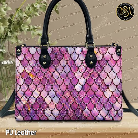 Marchstyle - Colorful Fish Scales Pattern Pink Print Leather Handbag , Fish Skin Material Print Bag , Fish Skin Wallet, Custom Color
