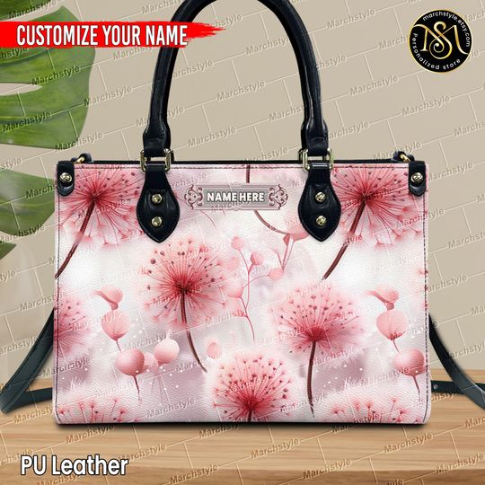 Marchstyle - Custom Name Pink Dandelions Flower Floral Leather HandBags with Shoulder Strap for Women Men Adults, Gift for Lover Dandelions
