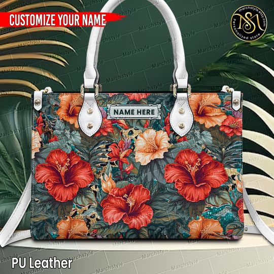 Marchstyle - Custom Name Hibiscus Flower Floral Leather HandBags, Personalized Red and Yellow Hibiscus Bag, Hibiscus Summer Wallet
