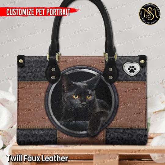 Marchstyle - Personalized Leather Handbag With Pet Portrait, Black Cat bag, Black Cat Wallet, Custom Dog Bag Bag , Custom Cat Wallet