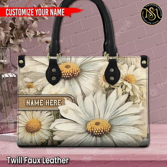 Marchstyle - Personalized PU Leather Handbag With Daisy Flower, Custom Name Wallet With Vintage Style Daisies, April Birthday Bag