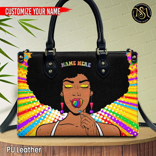 Marchstyle - Custom Name African American Woman with Hair Large Leather Handbag, Personalized Black Woman Wallet, Afro Birthday Gift