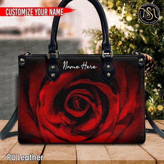 Marchstyle - Personalized Name Crossbody Bag With Red Rose, Custom Name Valentine Leather Handbags, Name Rose Bag , Red rose Wallet