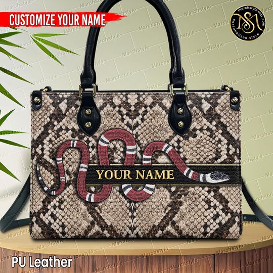 Marchstyle - Personalized Vintage Snakeskin Print Leather Handbag, Custom Name Red Coral Snakeskin Bag , Snakeskin Print Wallet