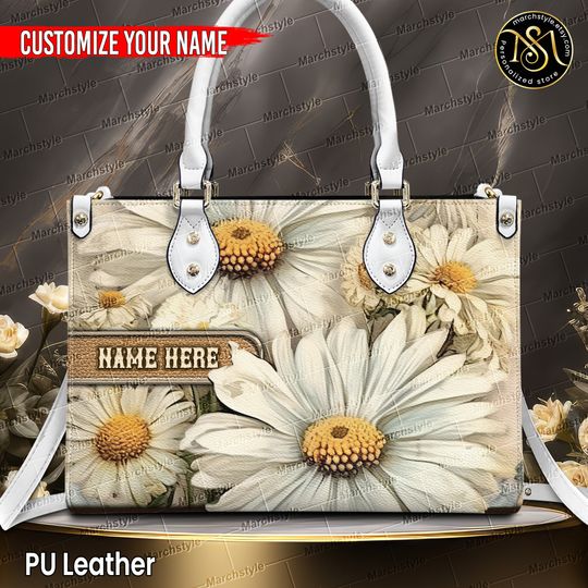 Marchstyle - Personalized PU Leather Handbag With Daisy Flower, Custom Name Wallet With Vintage Style Daisies, April Birthday Bag