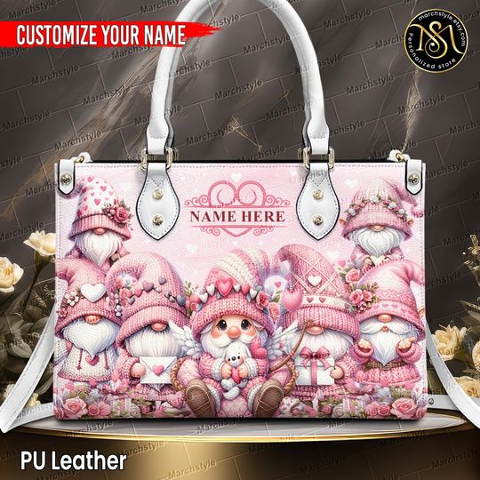 marchstyle - personalized Leather Handbag with Pink Valentine Gnome, Custom Name Romantic Gnome, Cute Love Gnome, Sweet Gnome Purse