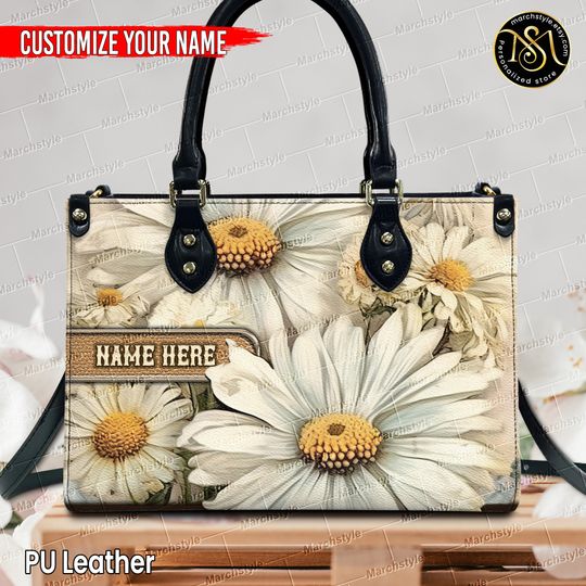 Marchstyle - Personalized PU Leather Handbag With Daisy Flower, Custom Name Wallet With Vintage Style Daisies, April Birthday Bag