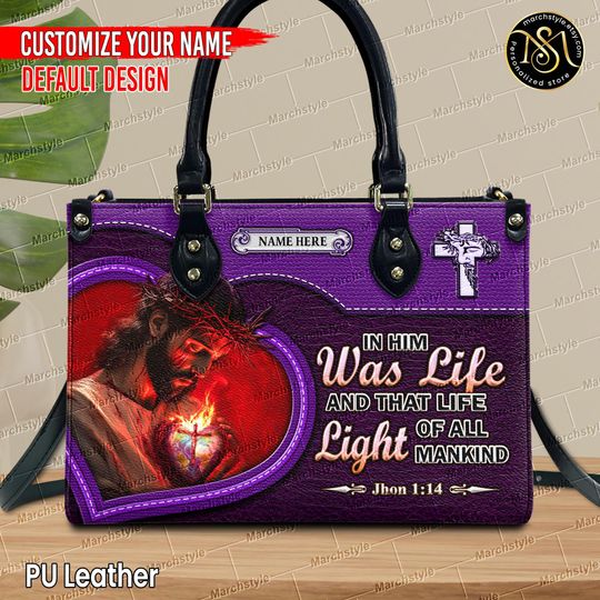 Marchstyle - Personalized Christian Leather HandbagWith Jesus Portrait And John 1:14 Verse,Custom Name Faith Purse,Religious Gift
