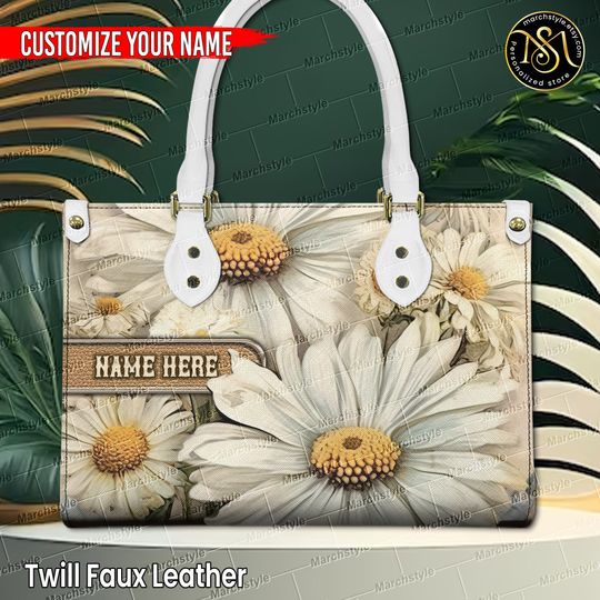 Marchstyle - Personalized PU Leather Handbag With Daisy Flower, Custom Name Wallet With Vintage Style Daisies, April Birthday Bag