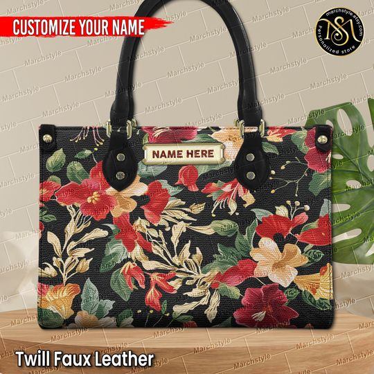 Marchstyle - Custom Name Hibiscus Summer Leather HandBags for Women, Hibiscus Vintage Wallet, Summer Style Bag, Flower Leather Bag