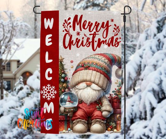 Merry Christmas Garden Flag, Gnome Holiday Yard Flag, Winter Porch Decor, Outdoor Christmas Flag