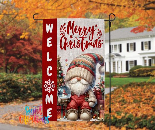 Merry Christmas Garden Flag, Gnome Holiday Yard Flag, Winter Porch Decor, Outdoor Christmas Flag