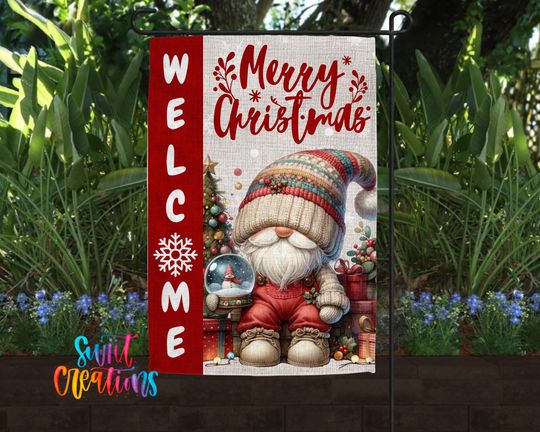 Merry Christmas Garden Flag, Gnome Holiday Yard Flag, Winter Porch Decor, Outdoor Christmas Flag