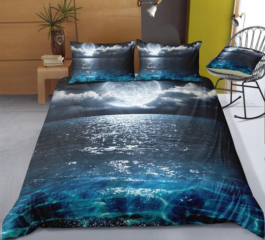 3D Night Duvet Cover Set, Sea Quilt Cover, Moon & Cloud Bedding