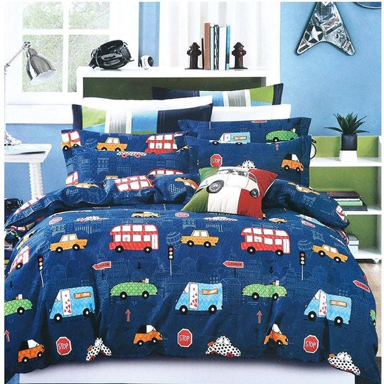 Cartoon Bus Car Print Duvet Cover Set for Kids Bedroom Bedding