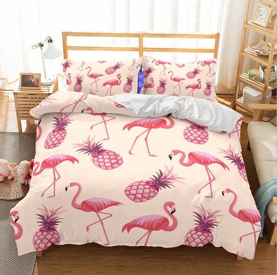3D Flamingo Duvet Cover Set, Pineapple Quilt Cover, Pink Bedding Set
