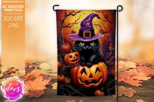 Cat with Witches Hat on Jack O Lantern - Garden Flag