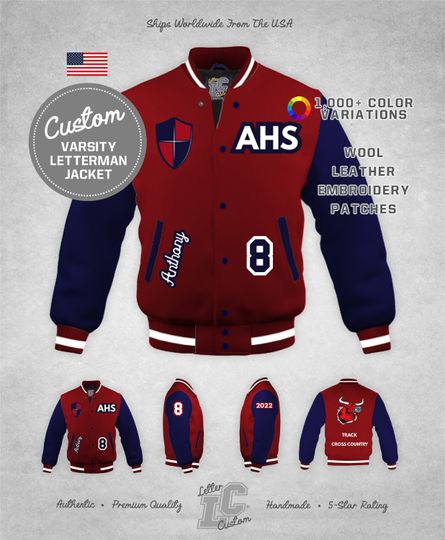 Custom Varsity Letterman Jersey Jacket Navy Blue & Cardinal Red Wool Premium Authentic LetterCustom Handmade