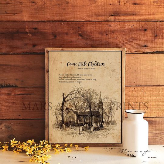 Rustic Farmhouse Halloween Decor, Hocus Pocus Come Little Children Poster, Church Graveyard Sketch Art Print