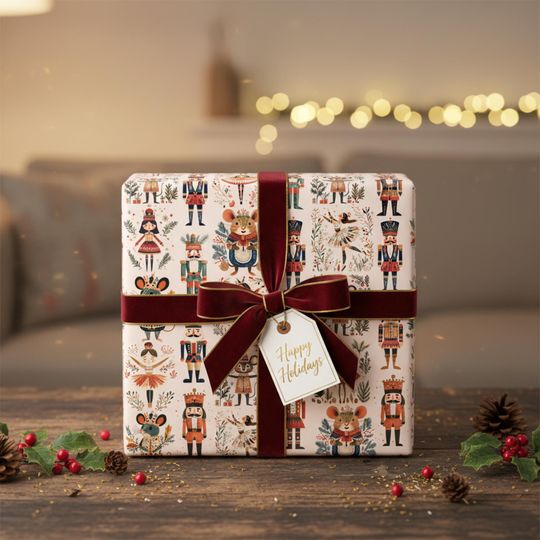 Nutcracker Wrapping Paper, Christmas Gift Wrap Sheet, Ballet Mouse King Soldier for xmas Pattern