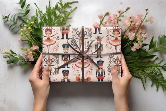 Nutcracker Wrapping Paper, Christmas Gift Wrap Sheet, Ballet Mouse King Soldier for xmas Pattern