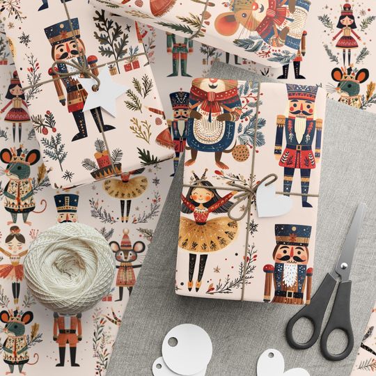 Nutcracker Wrapping Paper, Christmas Gift Wrap Sheet, Ballet Mouse King Soldier for xmas Pattern