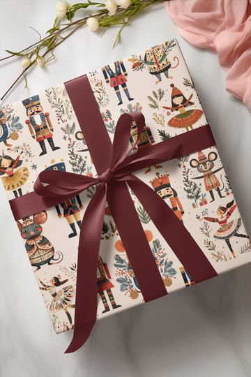 Nutcracker Wrapping Paper, Christmas Gift Wrap Sheet, Ballet Mouse King Soldier for xmas Pattern