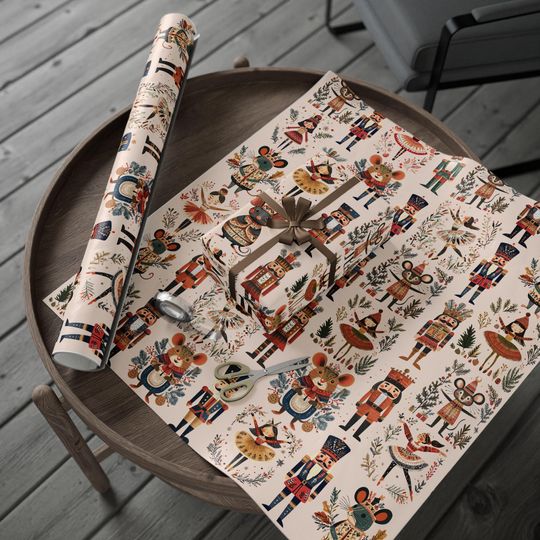 Nutcracker Wrapping Paper, Christmas Gift Wrap Sheet, Ballet Mouse King Soldier for xmas Pattern